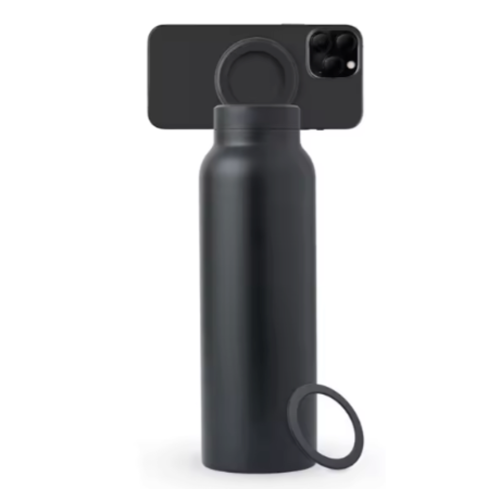 Ringo Insulated Water Bottle - MagSafe Compatible Water Bottle With Magnetic Phone Holder - Stainless Steel Water Bottle With Tripod Phone Mount - Hot 12H, Cold 24H, 360° Rotate - Black 24oz